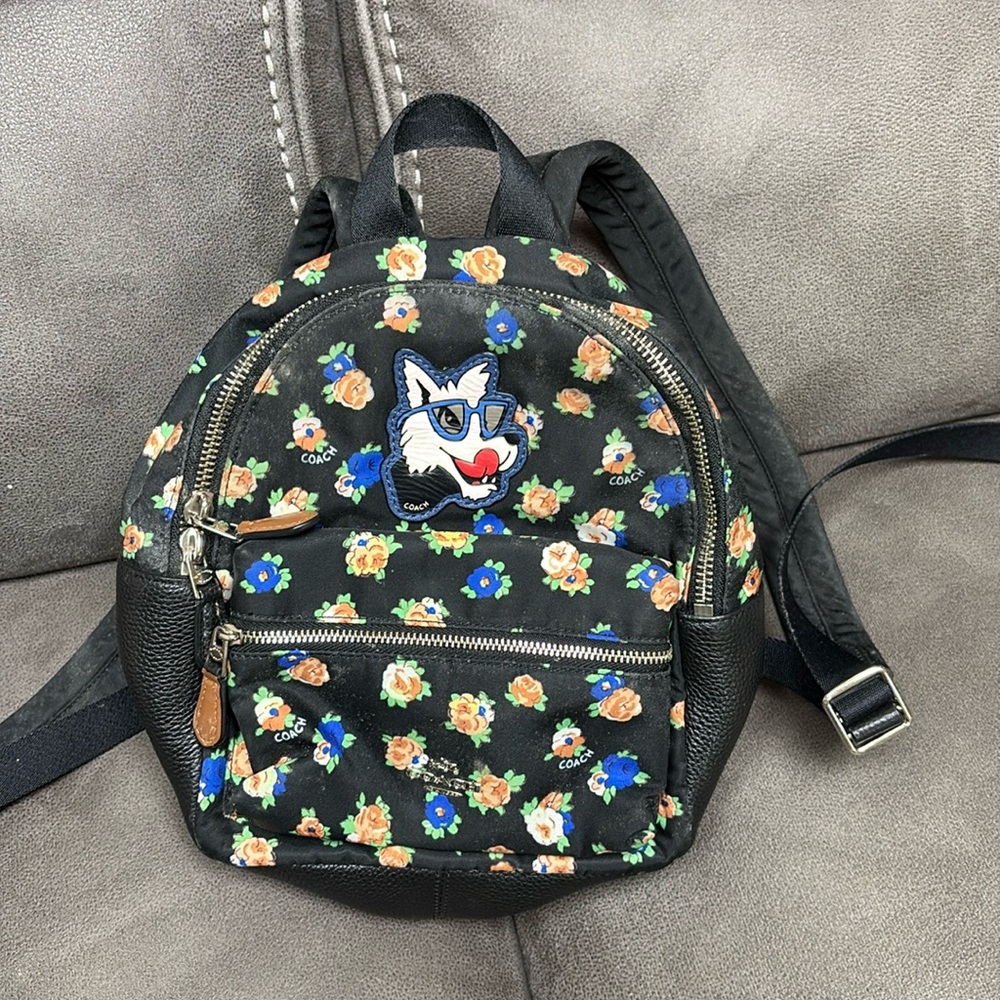 Coach Charlie Wolf Mini Nylon Black Floral Backpack